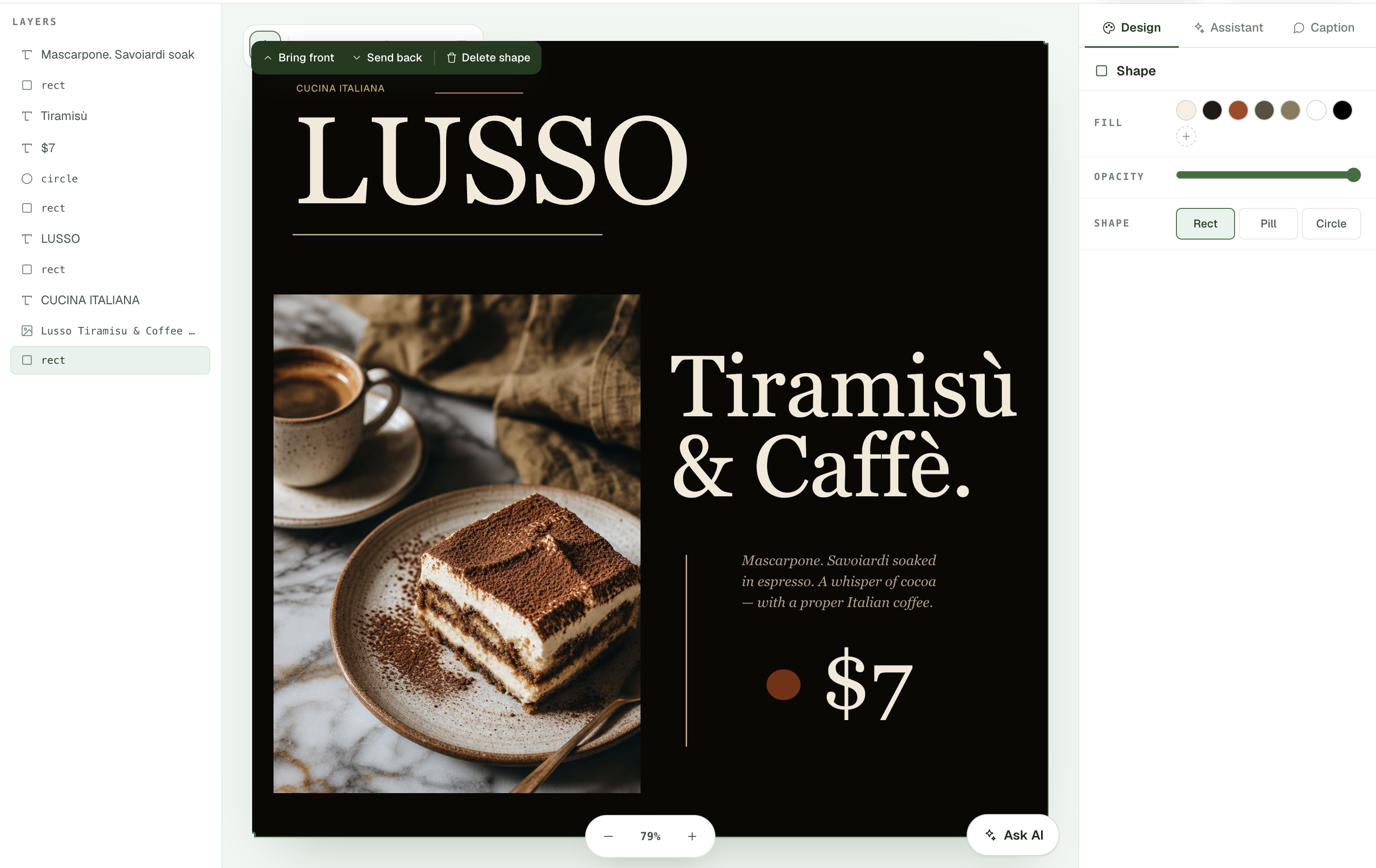 The Design Studio canvas editing the Lusso Tiramisù & Caffè ad: a layers panel on the left, the design on the canvas, and fill, opacity and shape controls on the right.