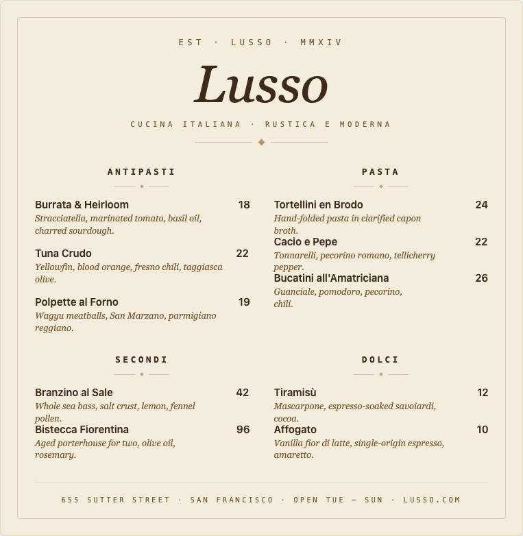 The finished, on-brand Lusso menu served as a web document: header, Antipasti, Pasta, Secondi and Dolci with prices, and the address footer.
